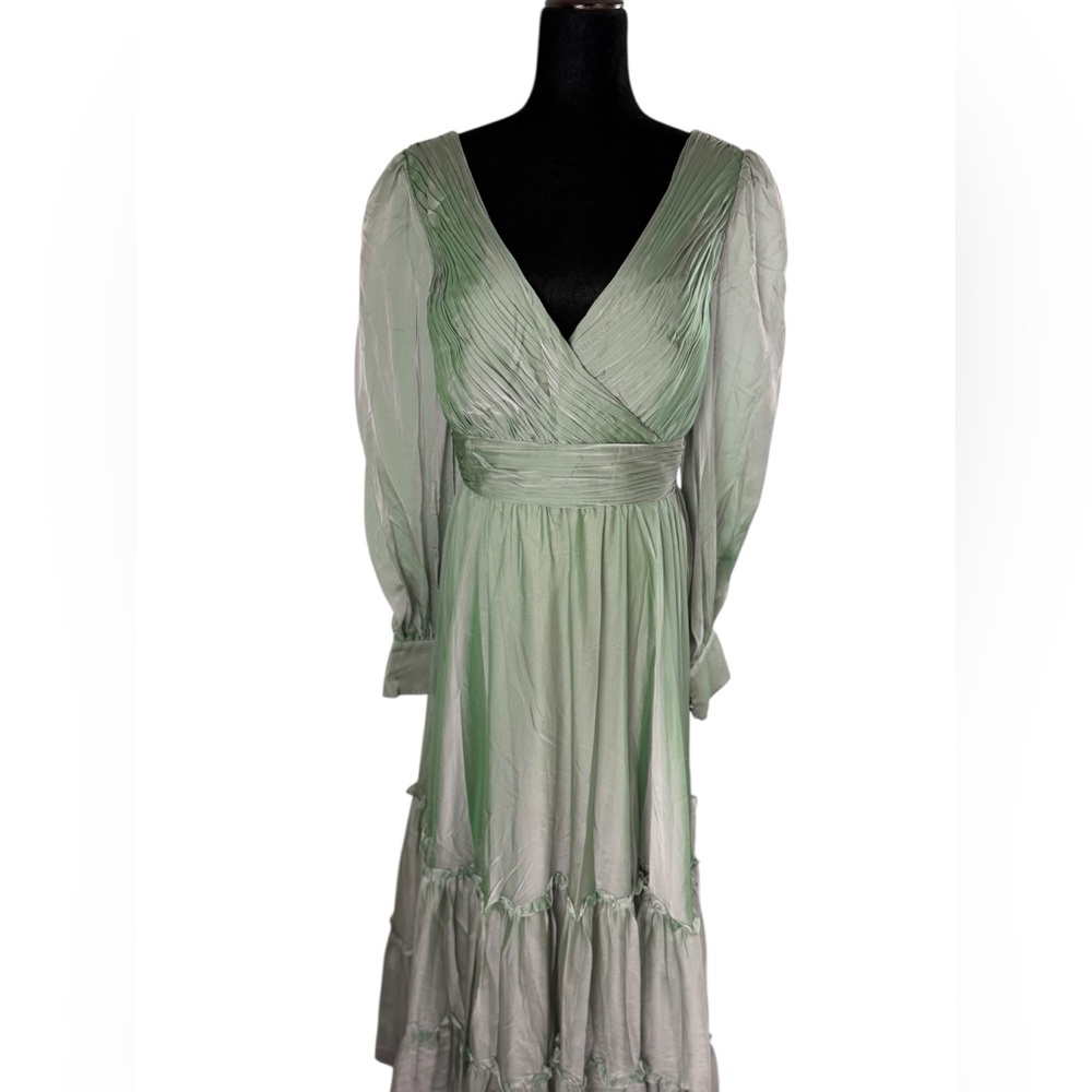 Mac Duggal FAUX WRAP ILLUSION BISHOP SLEEVE TIERED GOWN Sage NWT - Picture 7 of 16